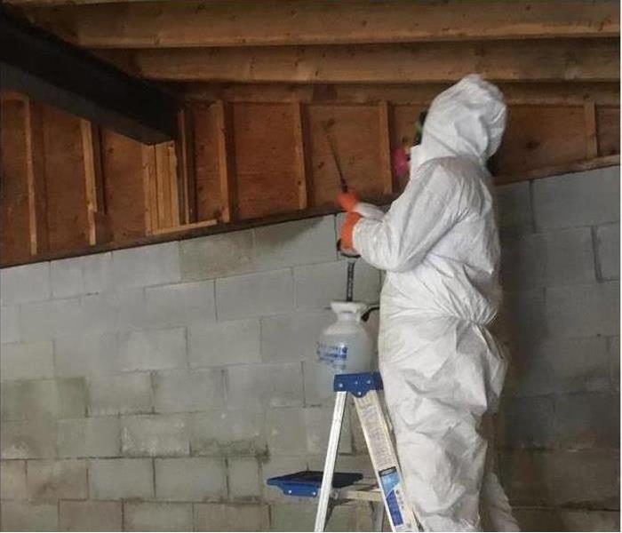 Man in hazmat suit spraying mold treatment on studs and cement block