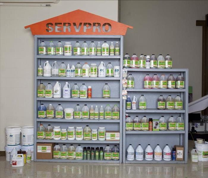 Shelf filled with SERVPRO cleaing products